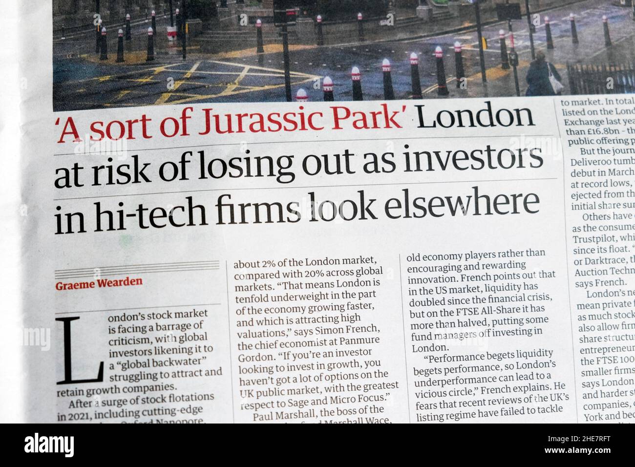 'A sort of Jurassic Park' London at risk of losing out as investors in hi-tech firms look elsewhere' newspaper headline on 4 January 2022 Britain UK Stock Photo
