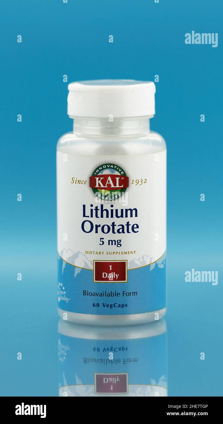 lithium orotate capsules in the jar. dietary supplement editorial