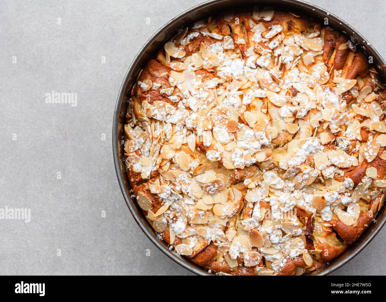 Directly Above shot of apple cake in a cooking pan Stock Photo