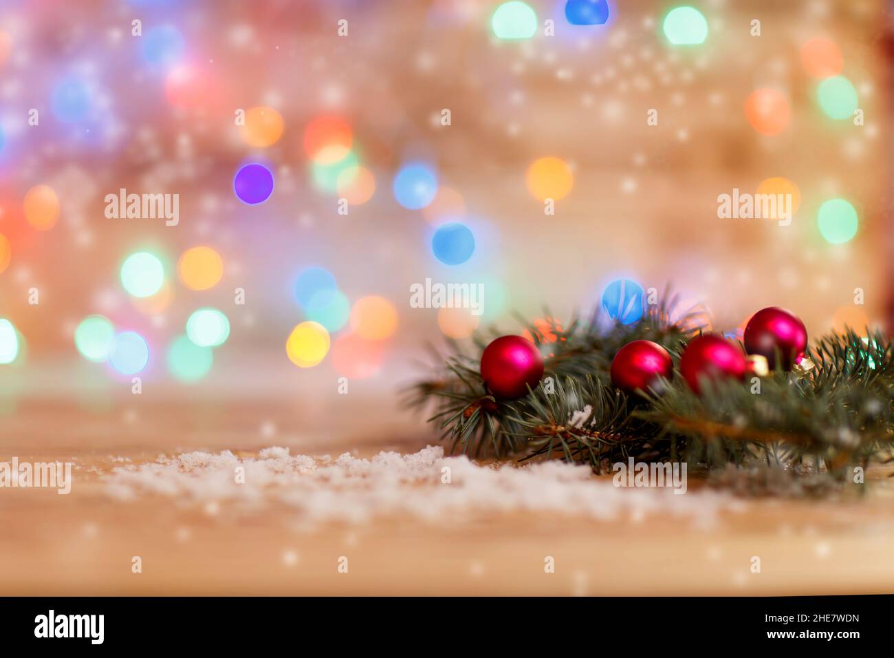 fir branches and Christmas decorations on festive background Stock ...