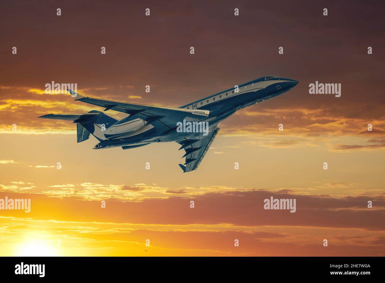 Airplane in the sky at sunrise. Airplane is taking off Stock Photo - Alamy
