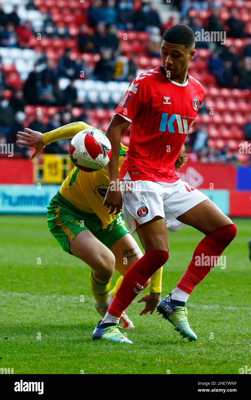 London, UK. 09th Jan, 2022. LONDON, United Kingdom, JANUARY 09: L-R Josh Sargent of Norwich City and Mason Burstow of Charlton Atheltic during FA Cup Third Round Proper between Charlton Atheltic vs Norwich City at The ValleyStadium, London on 09th January 2022 Credit: Action Foto Sport/Alamy Live News Stock Photo