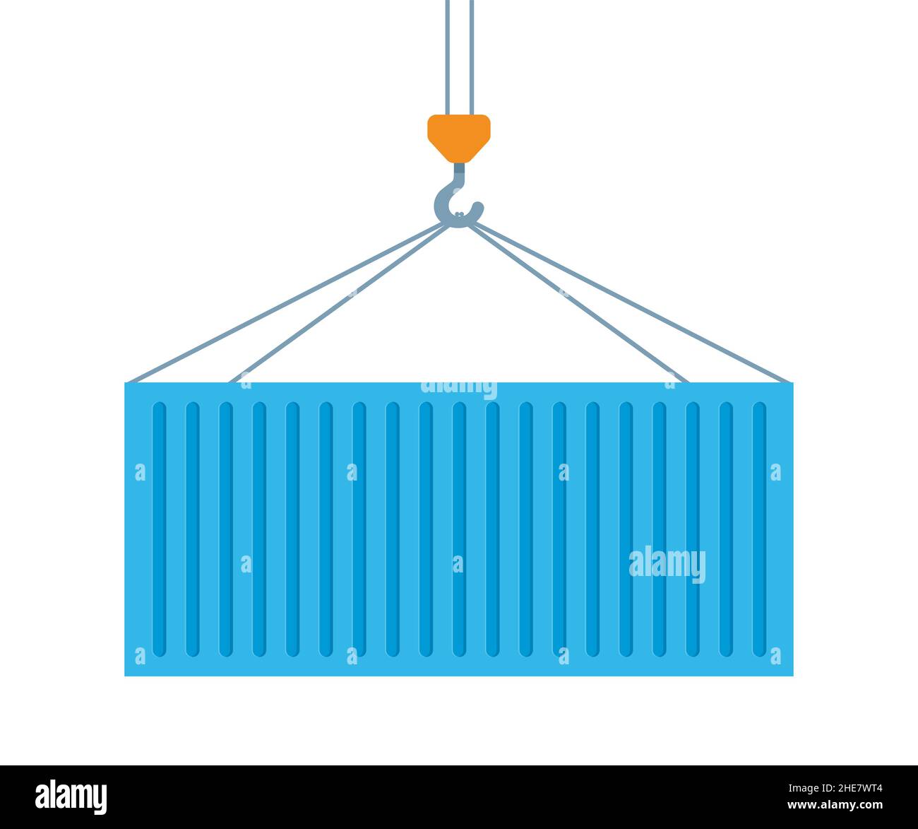 Crane lifts with blue cargo container. Industrial crane hook and Transportation Container isolated on white background. Freight Shipping concept. Vect Stock Vector