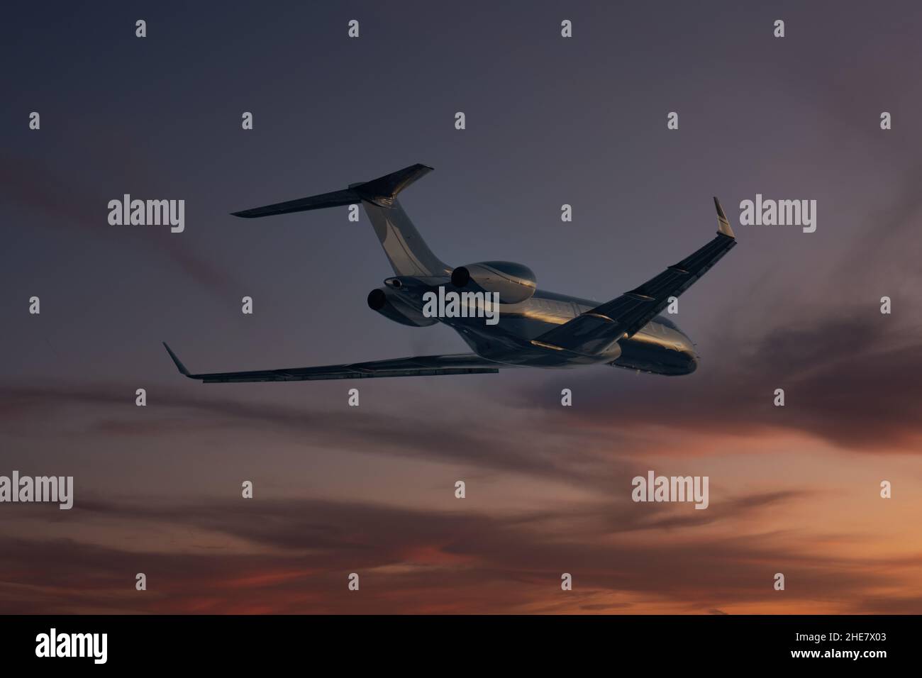 Airplane is flying above the clouds at sunset in summer. Landscape with ...