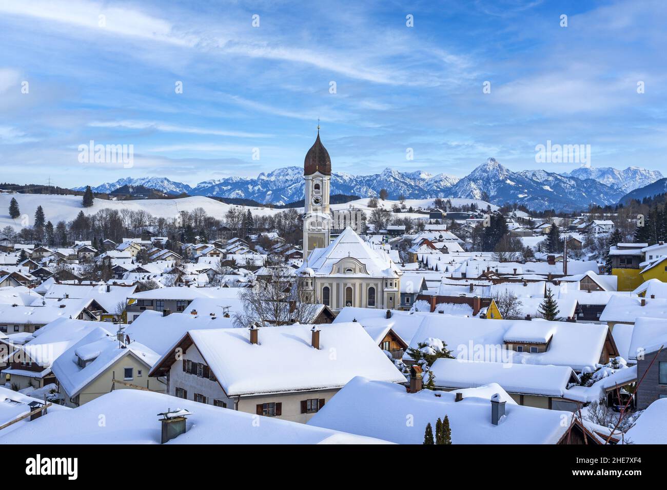 View of Nesselwang in winter, Allgau, Swabia, Germany Stock Photo