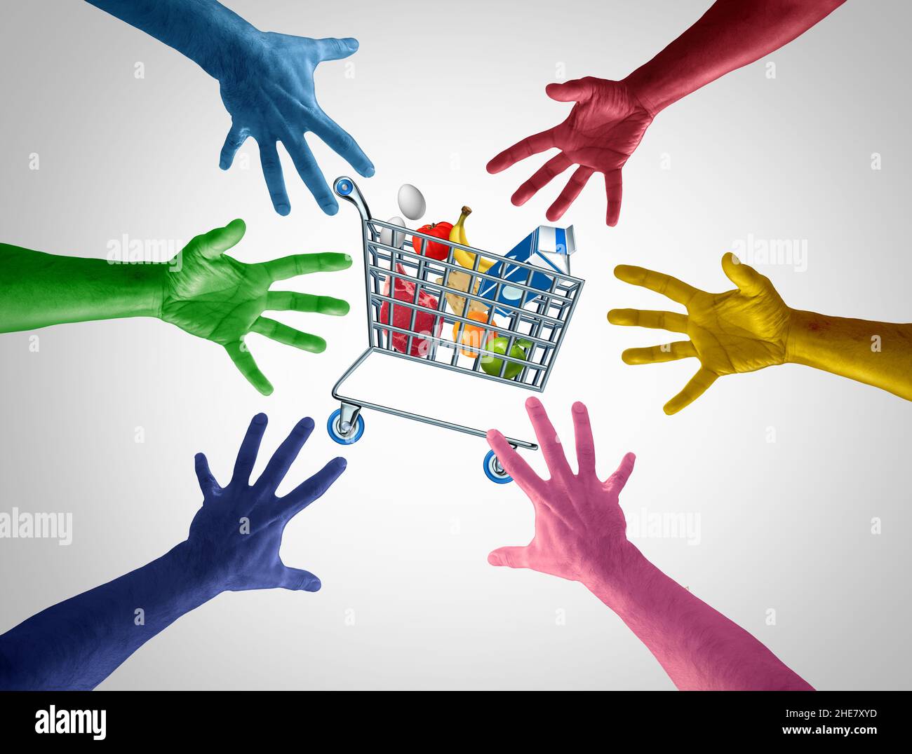Supply shortage concept and consumer demand panic as diverse hands reaching for an almost empty supermarket shopping cart due to factory shutdown caus Stock Photo
