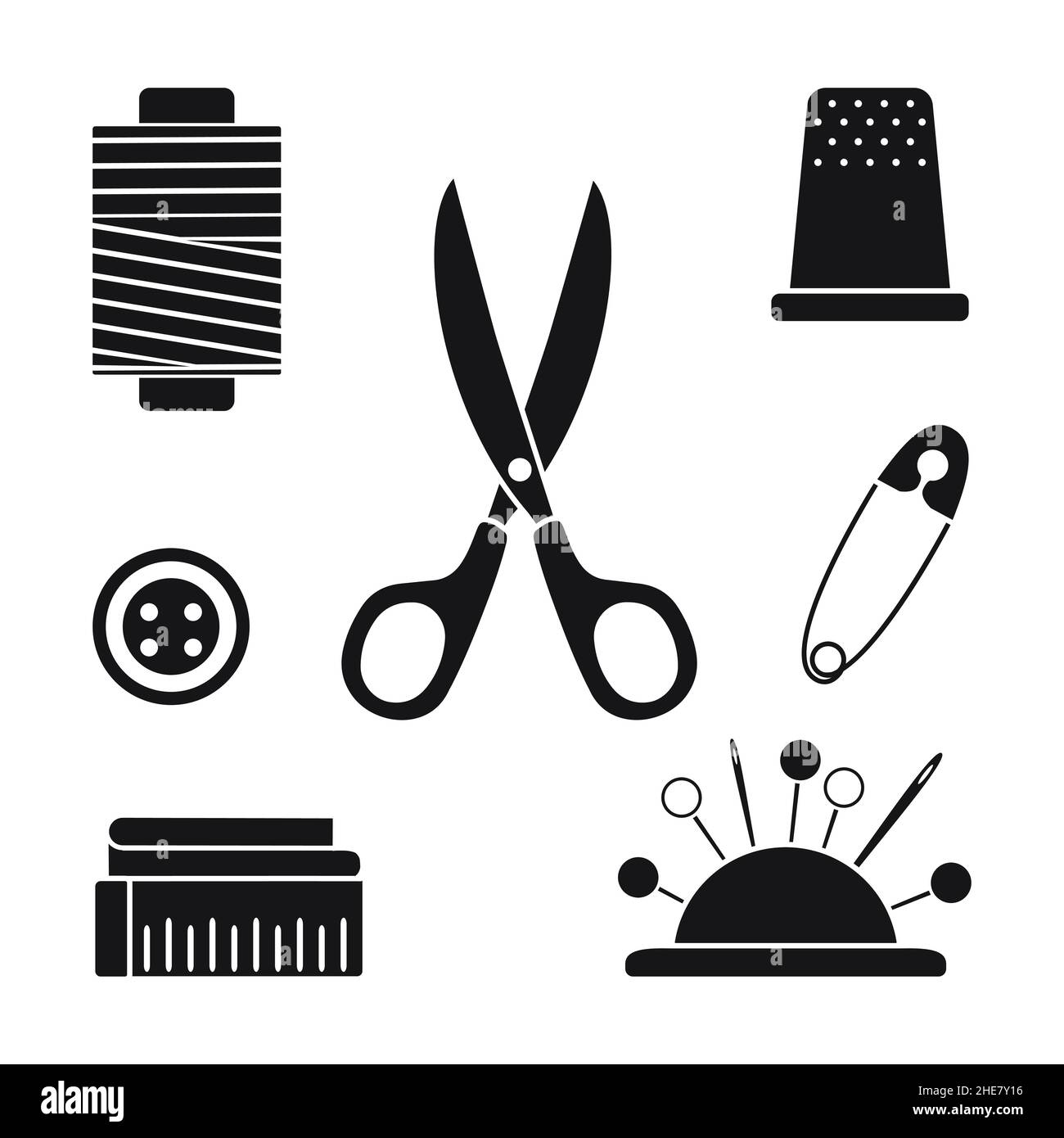 Set of sewing tools isolated on white background. Black silhouettes ...