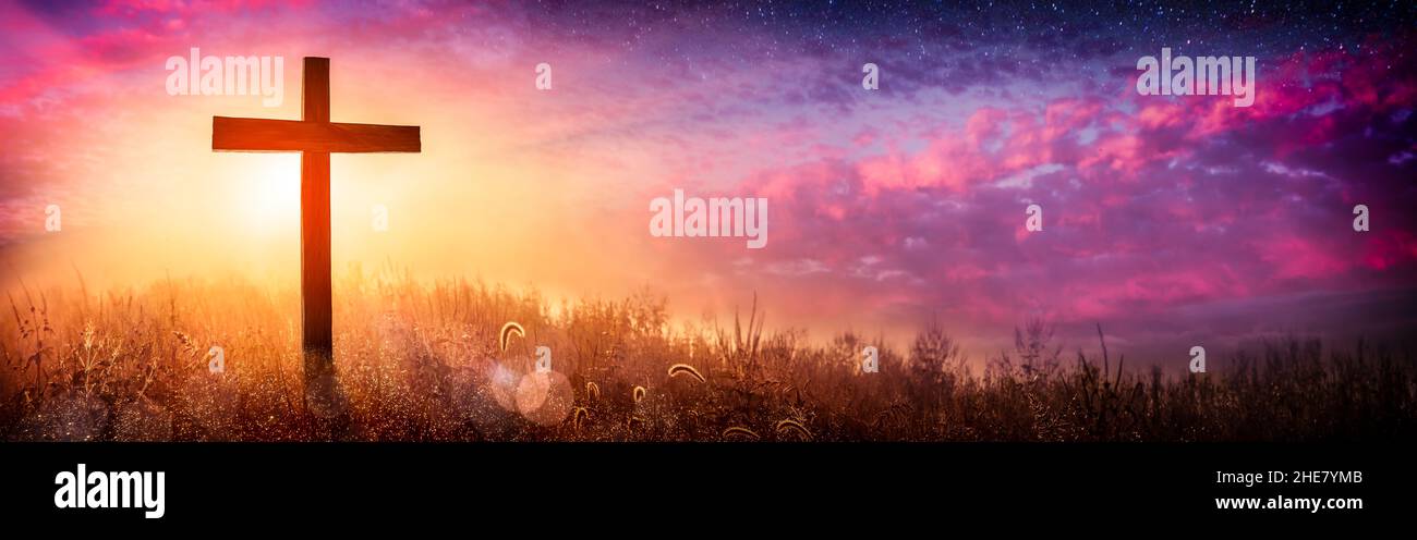 Cross On A Hill At Sunset - Crucifixion Of Jesus Christ Stock Photo - Alamy