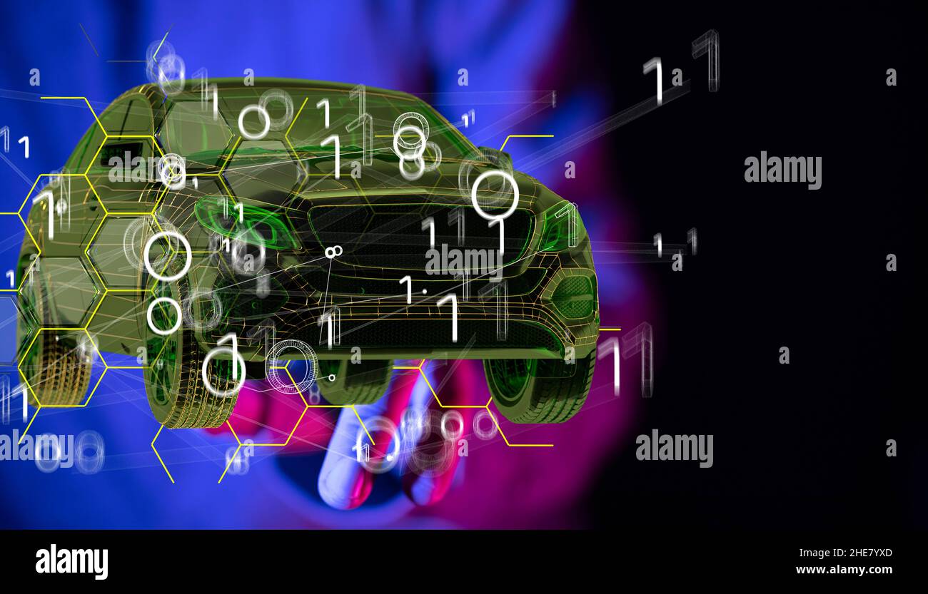 Autonomous car with HUD graphic of Navigation system driving Stock Photo