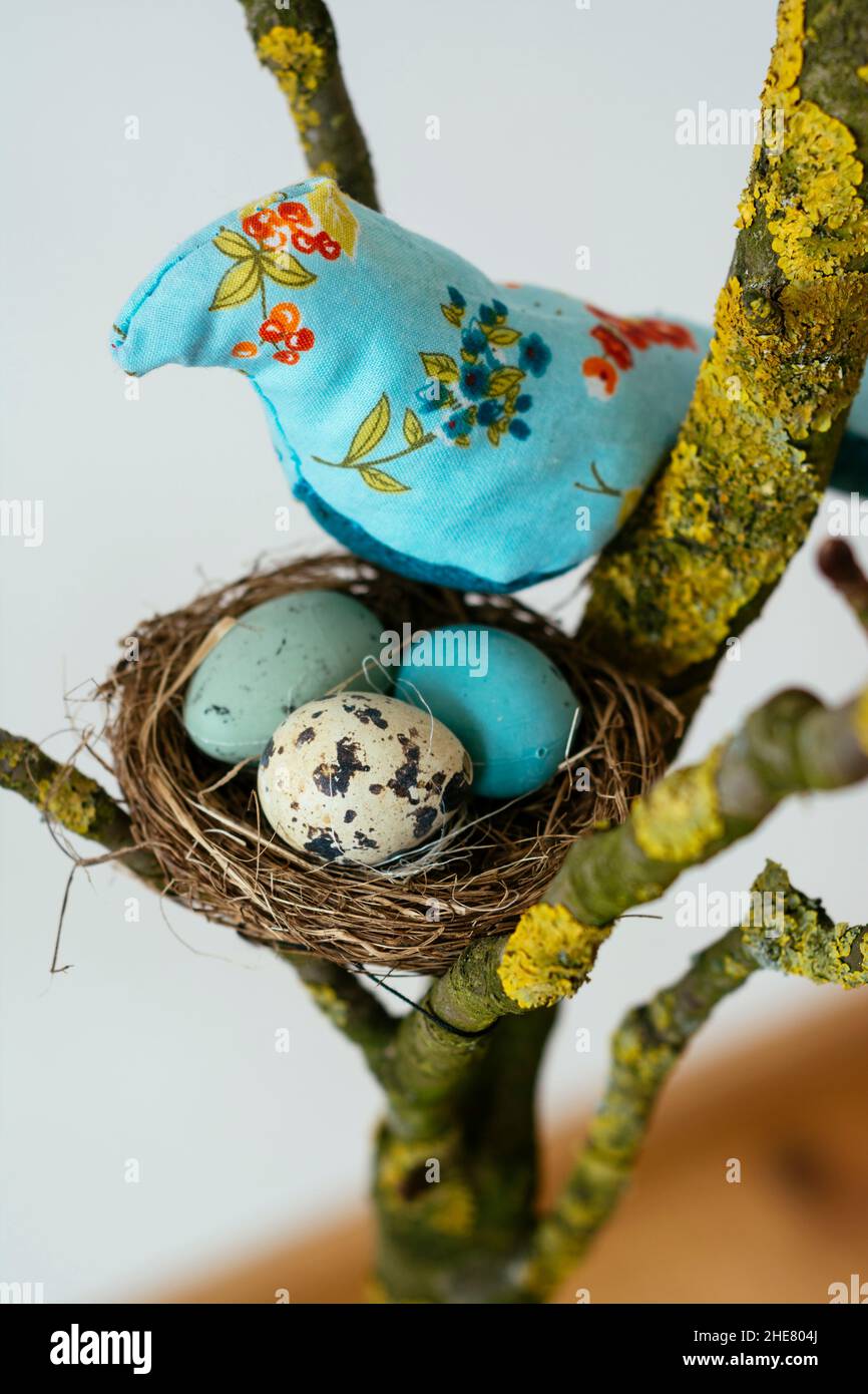 Handmade bird softie in a branch with fake nest. Stock Photo