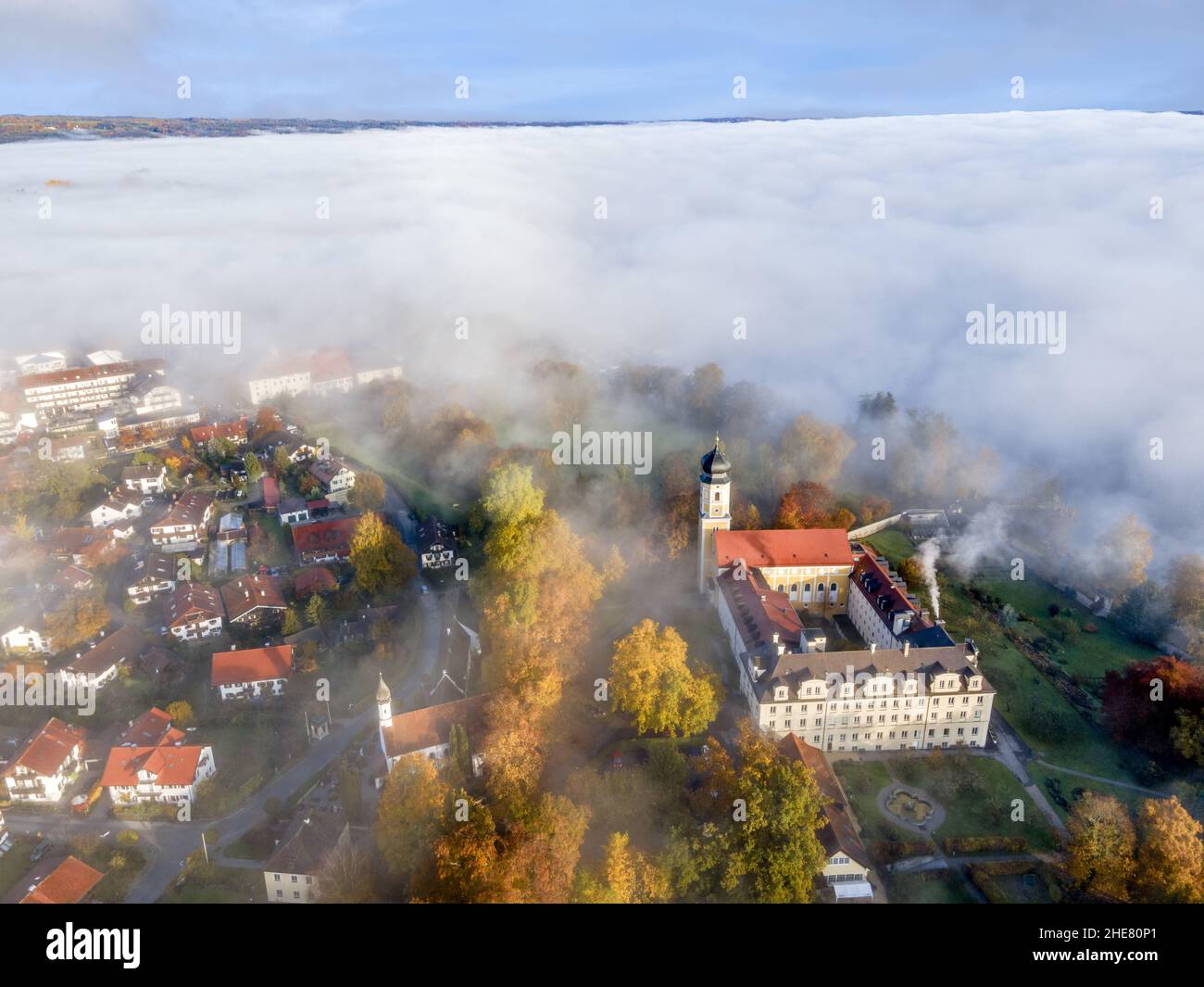 Bernried at Lake Starnberg in the fog, Bavaria, Germany Stock Photo