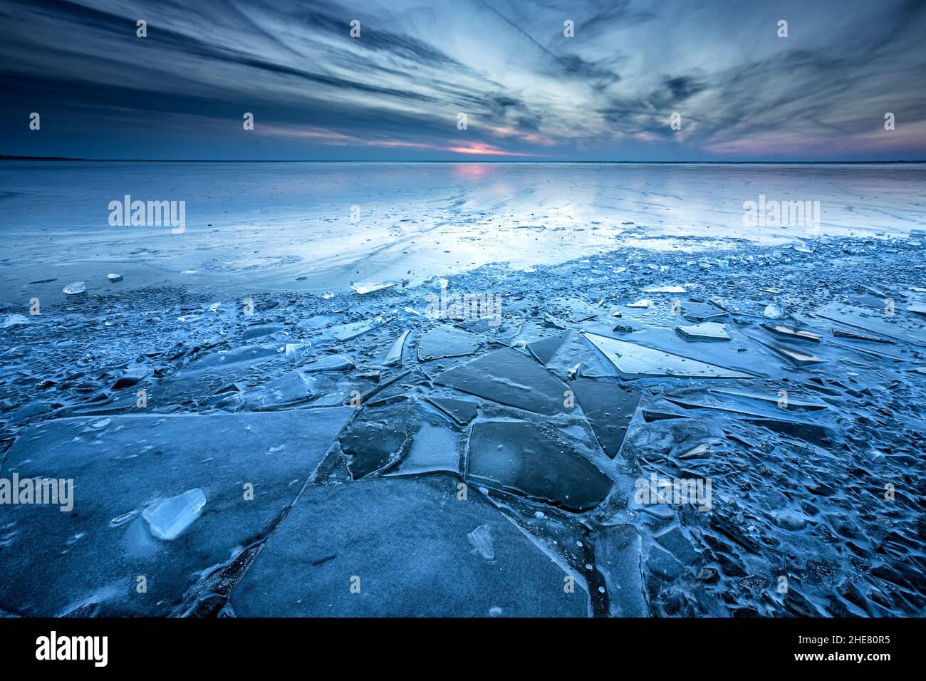 shelf ice pieces of big frozen lake, Ijsselmeer, Holland Stock Photo