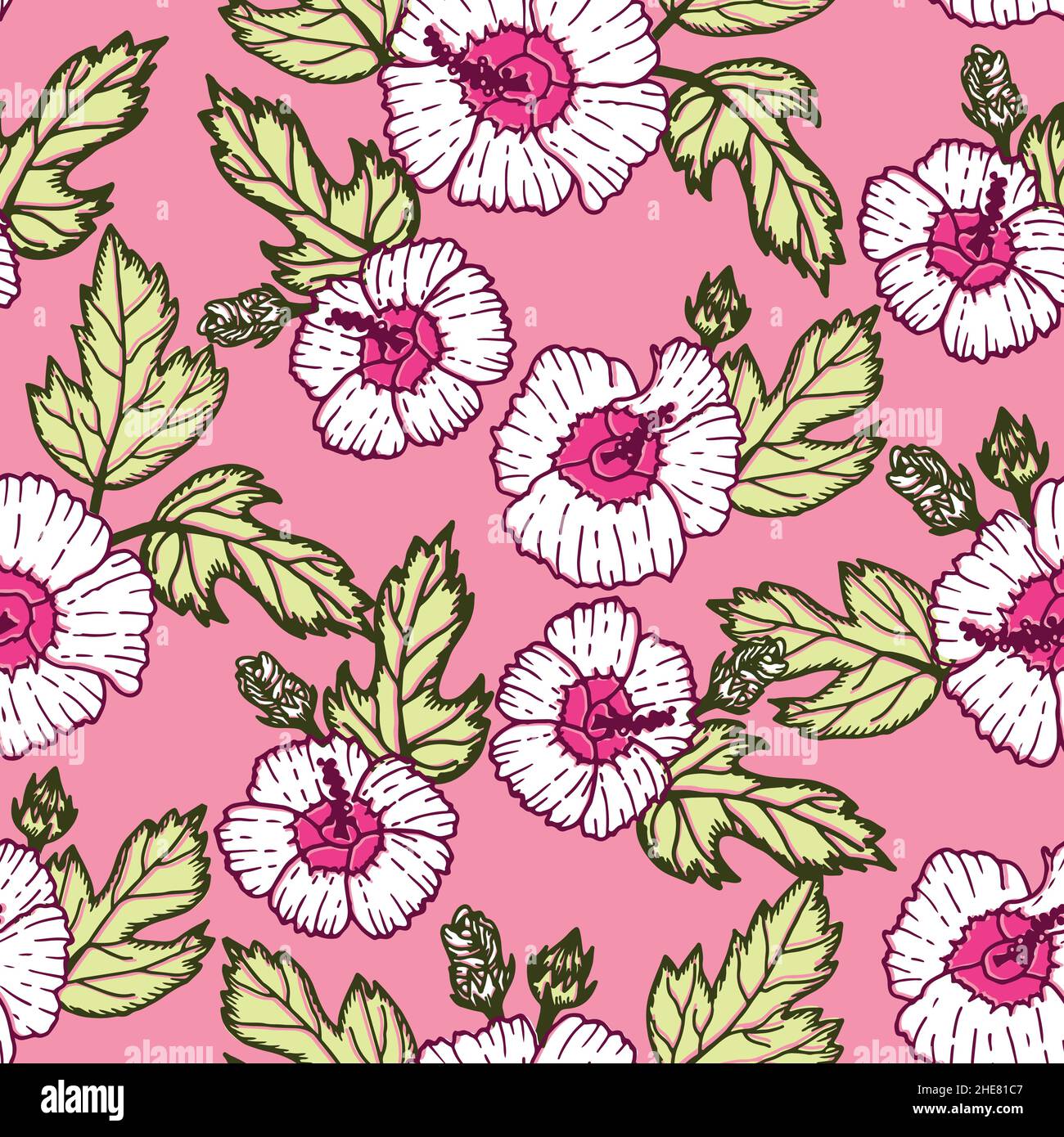 Seamless pattern with hibiscus flowers, leaves and buds on a pink ...