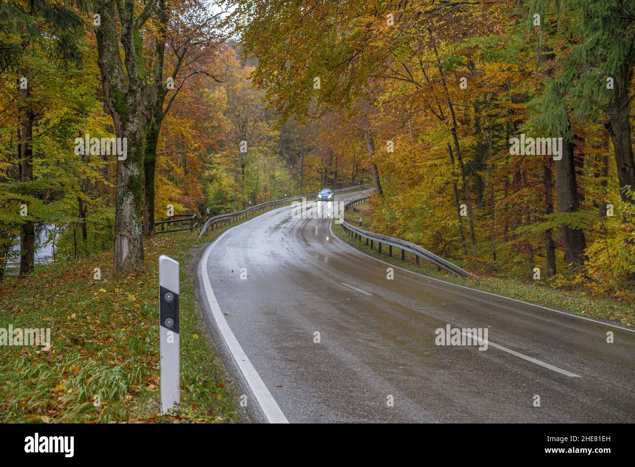 Verkehr auf einer nassen Landstrasse im Regen Oberbayern, Bayern, Deutschland Stock Photo