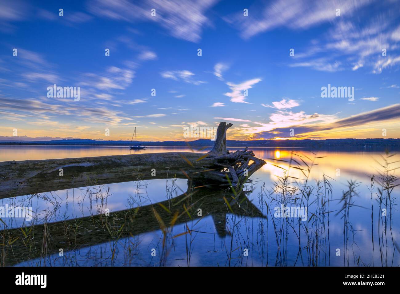 Evening mood, sunset at Ammersee, Bavaria, Germany Stock Photo