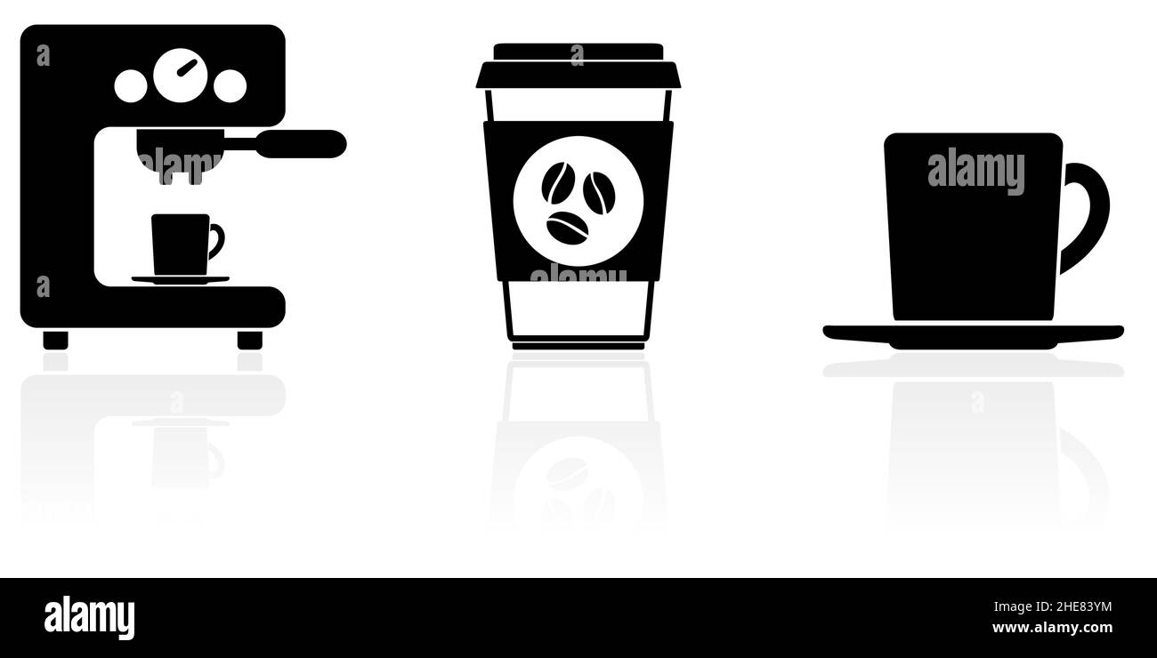 Web and internet cafe concept vector icon set, coffee machine, cups ...