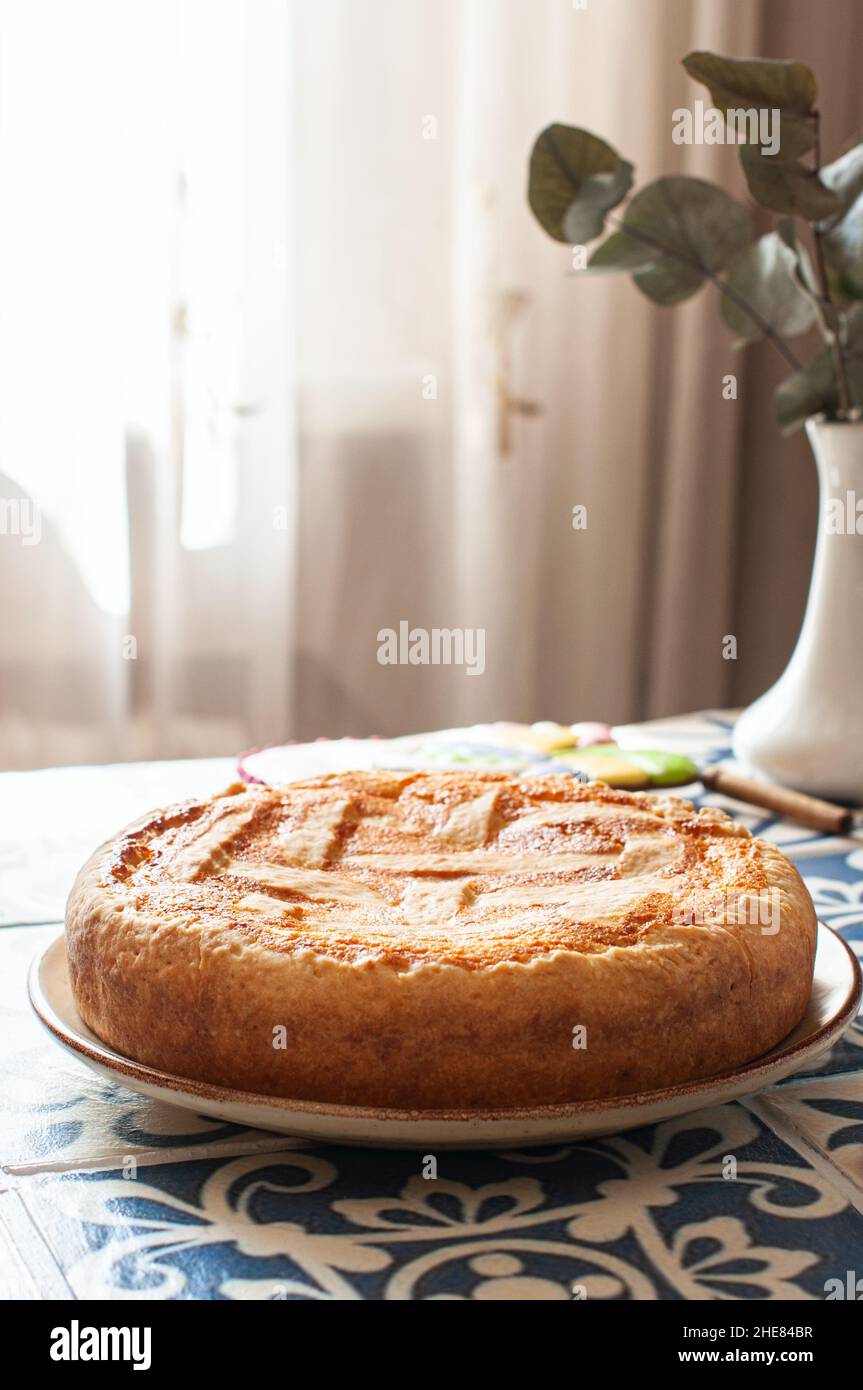 Italian ricotta pie with raisins. Popular Easter festive baking. Stock Photo