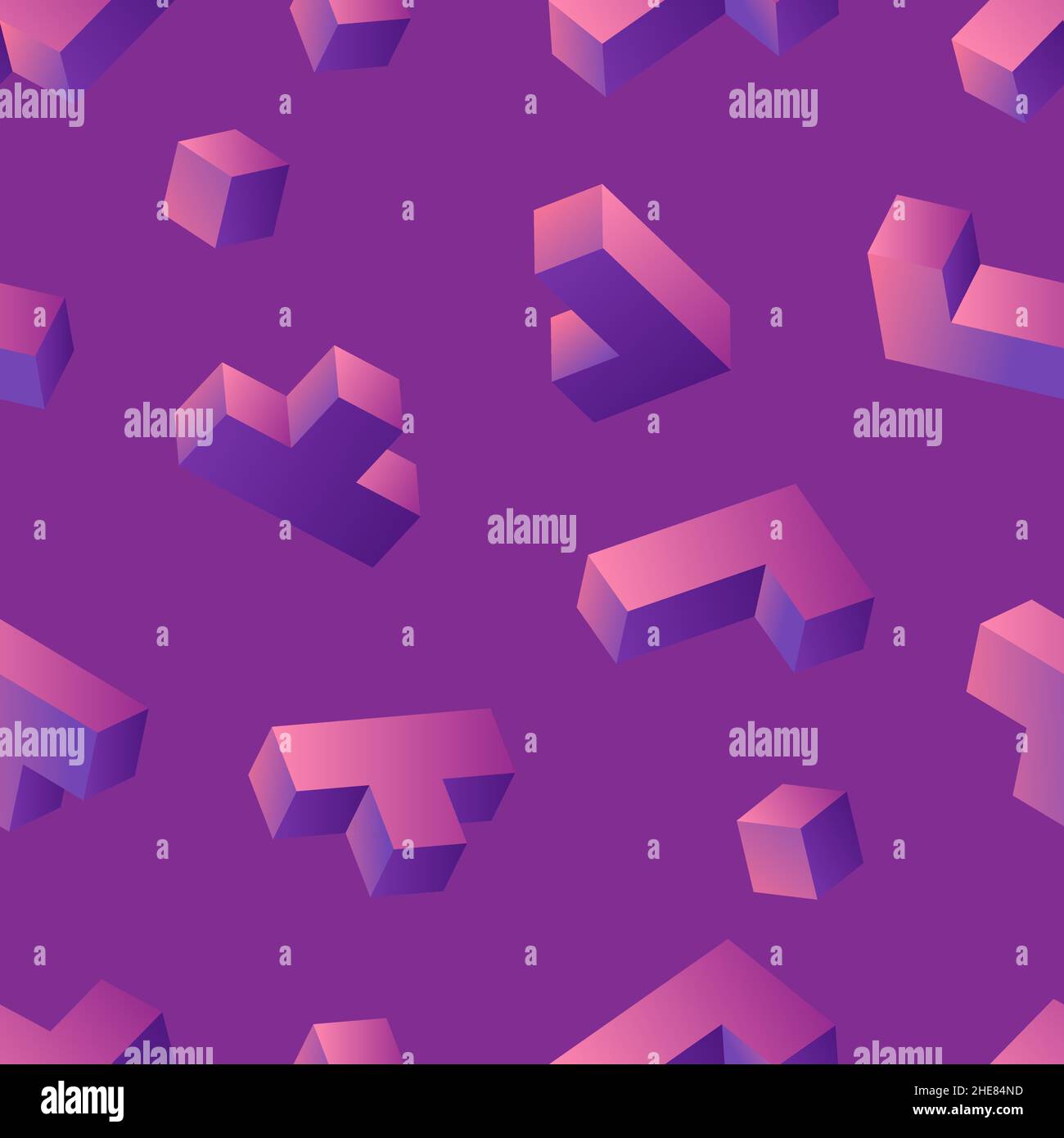 Neon glowing 3d tetris blocks seamless pattern on purple background. Vintage 80s style design. Clipping mask used. Stock Vector