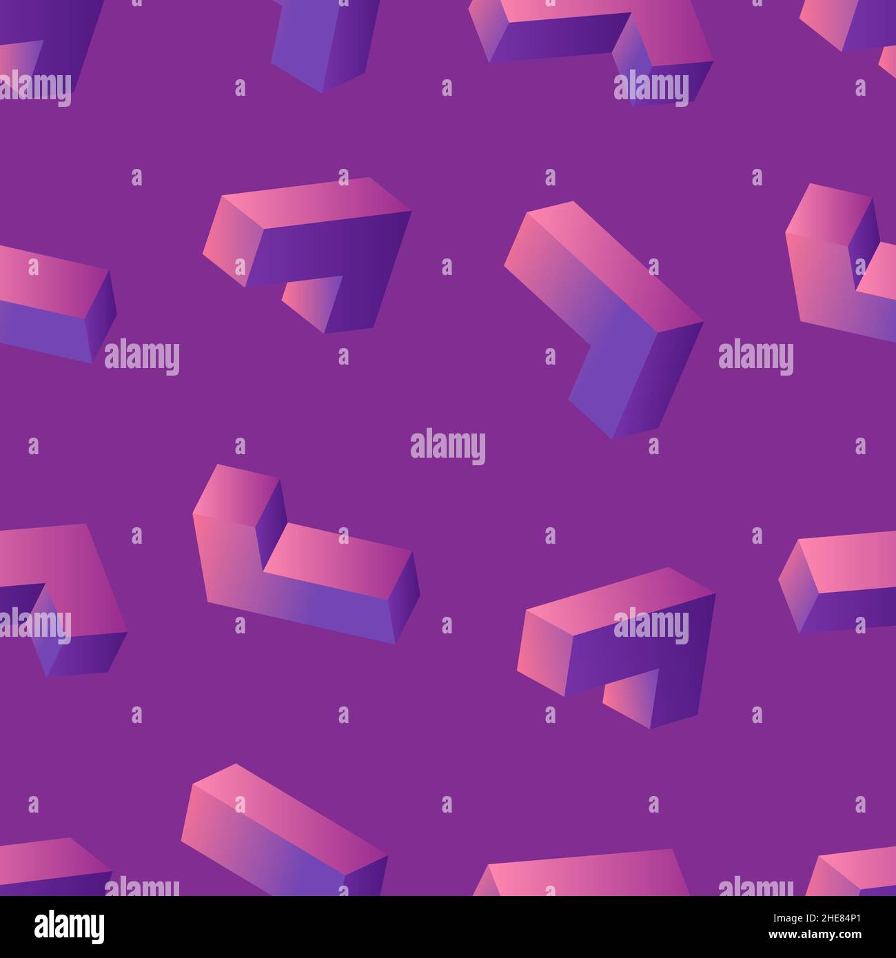 Neon glowing 3d tetris blocks seamless pattern on purple background. Vintage 80s style design. Clipping mask used. Stock Vector