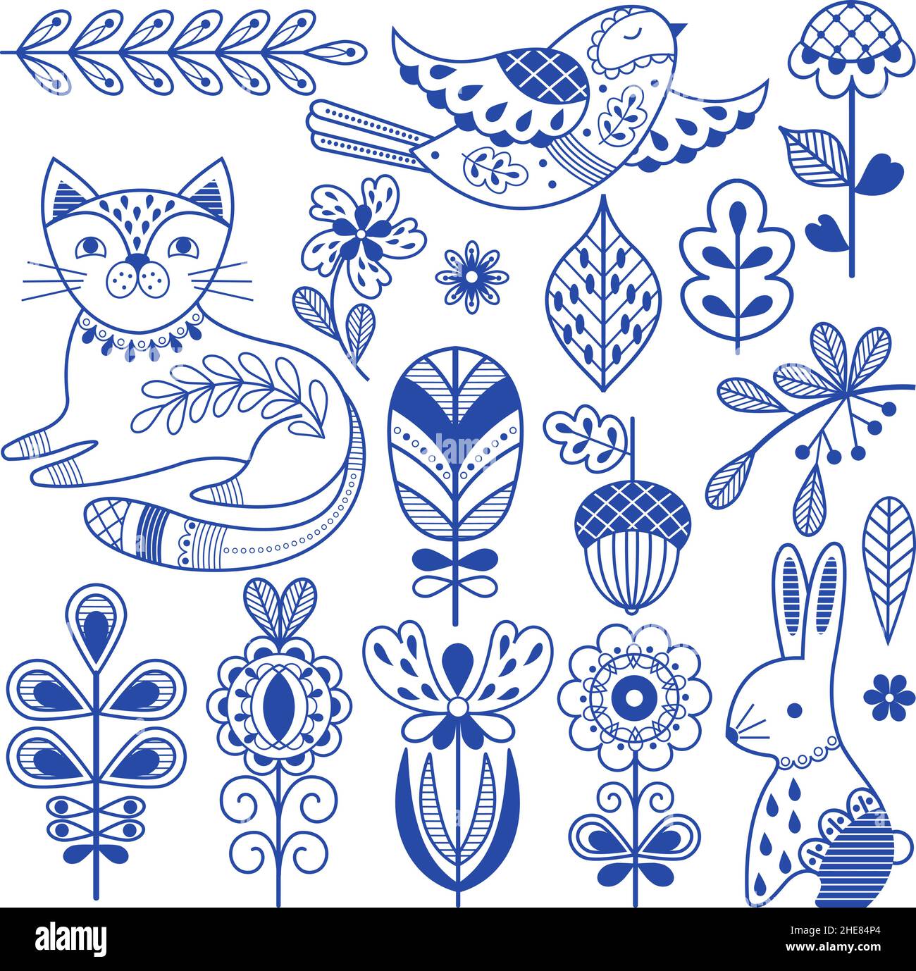 Blue folk finnish. Swedish design borders, ornament scandinavian folklore art. Rustic decor, nordic nature floral elements. Cat, bird and rabbit Stock Vector