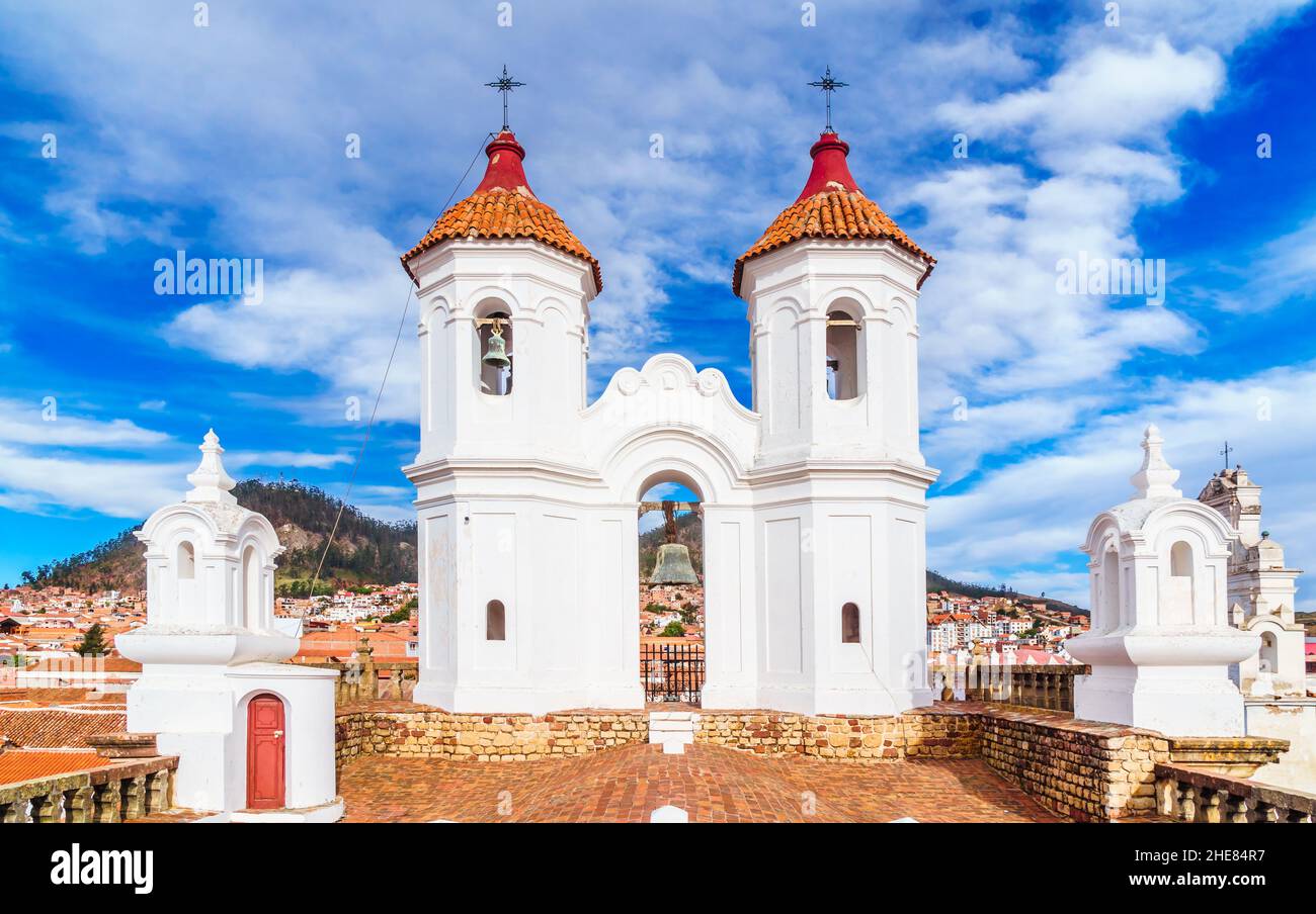 Bell tower and kupola of San Felipe Neri Monastery at Sucre, Bolivia Stock Photo