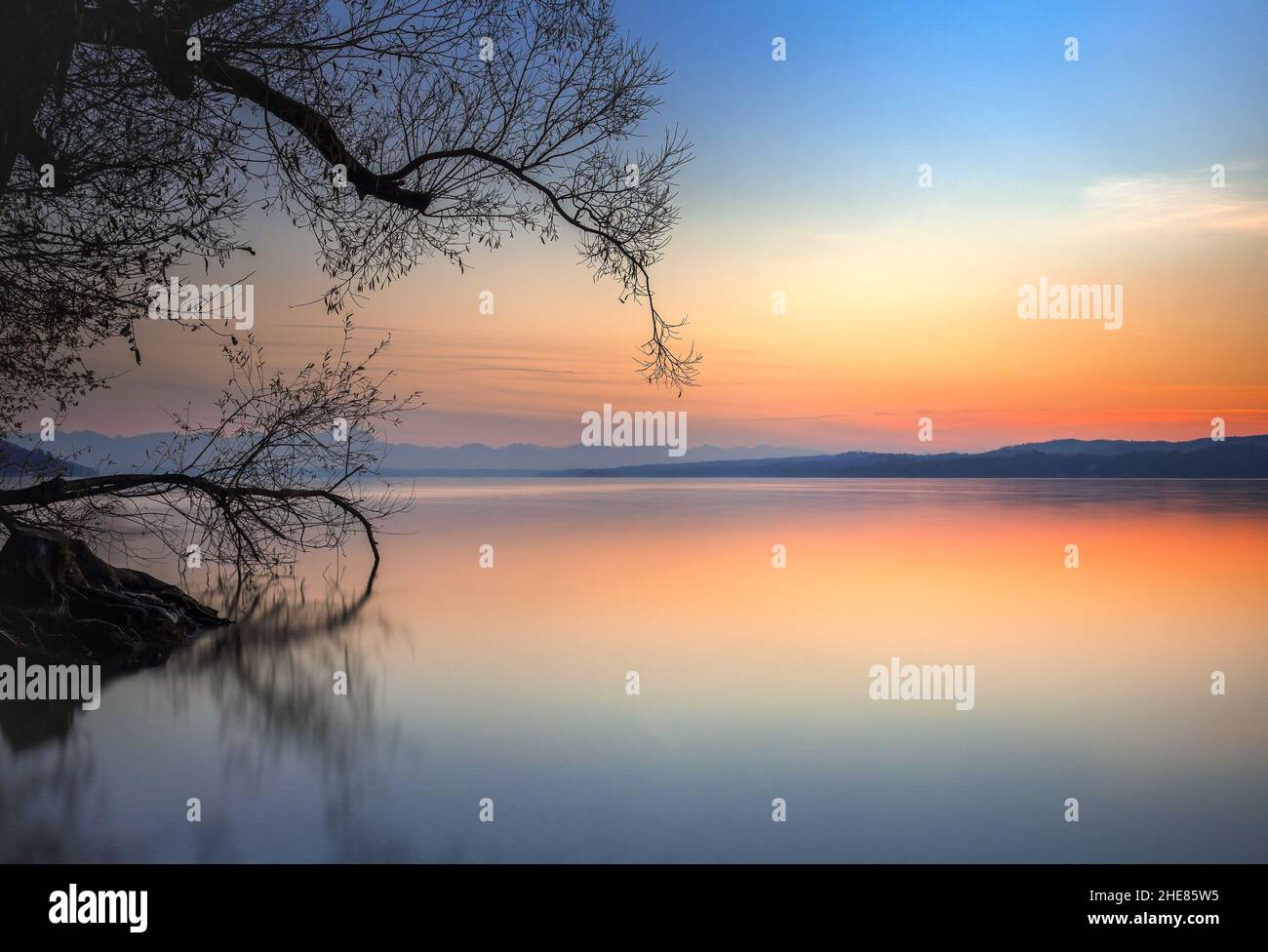 Sunset, twilight at Lake Starnberg, Bavaria, Germany Stock Photo