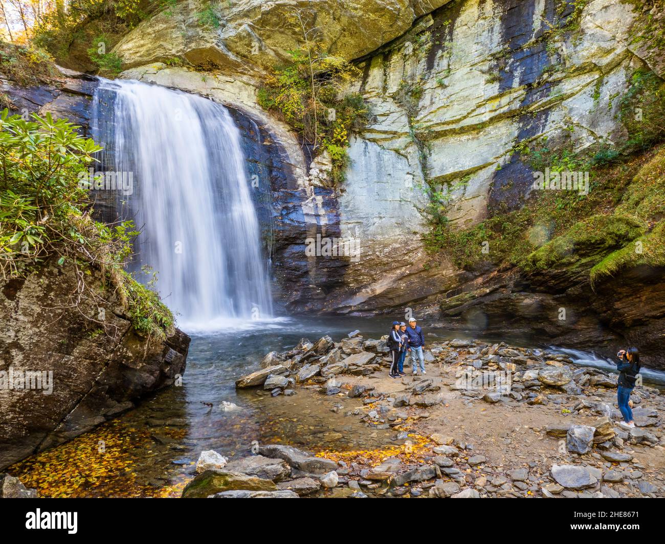 60 ft Looking Glass Falls in Pisgah National Forest along the Forest Heritage Scenic Byway in Brevard North Carolina USA Stock Photo