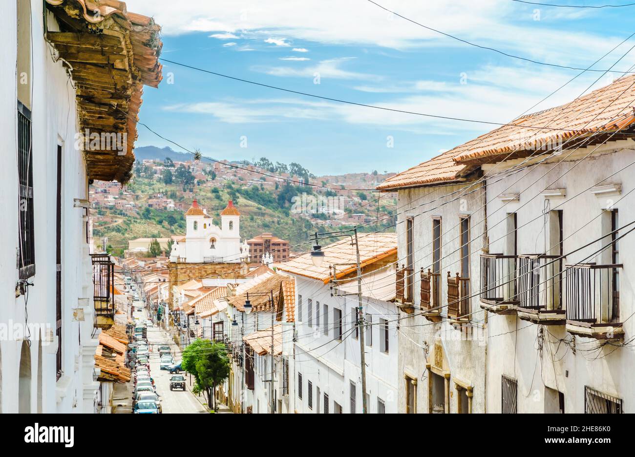 Colonial buildings in the streets of Sucre, Bolivia Stock Photo