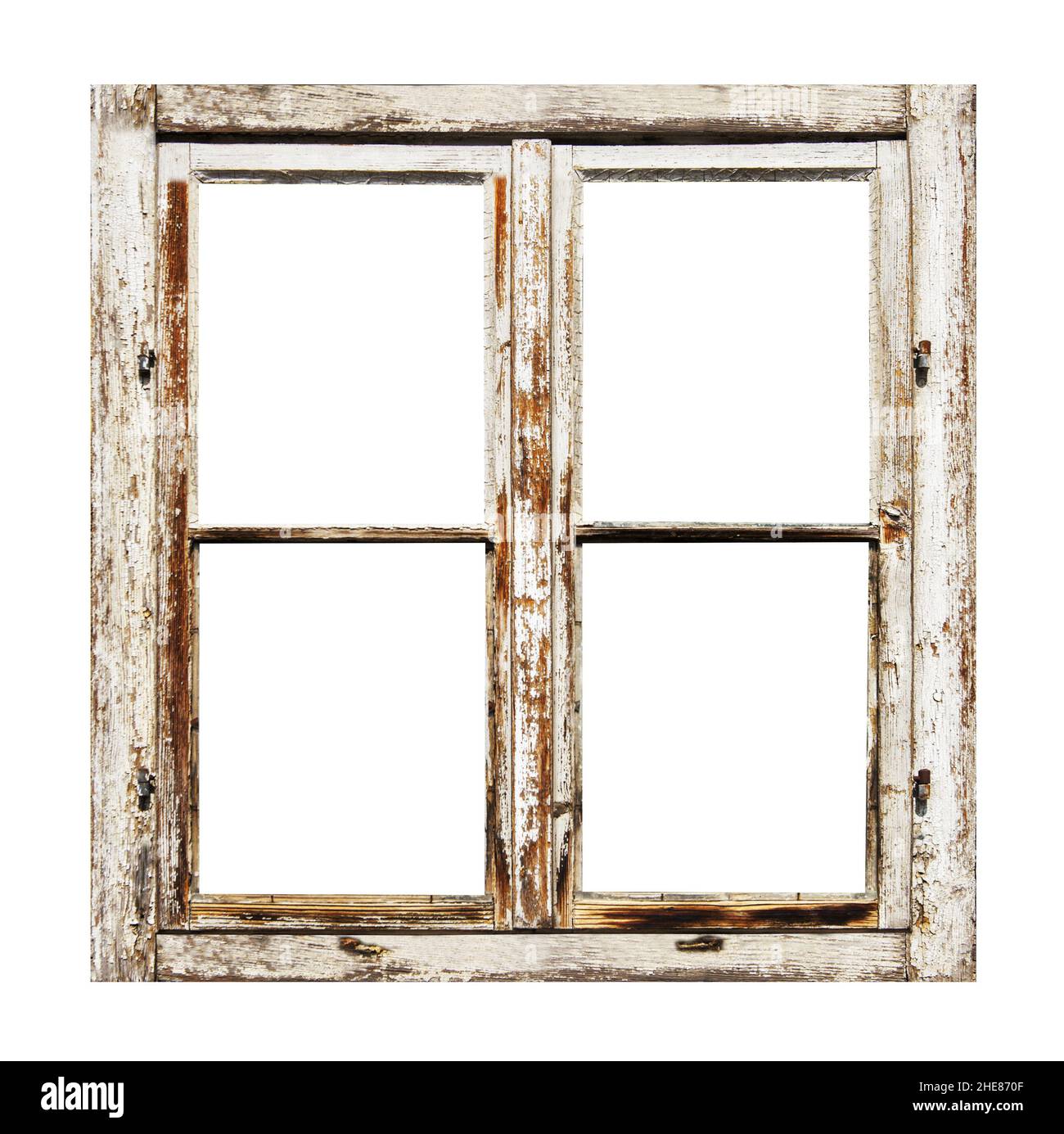 Old wooden white rusty window frame isolated on a white background