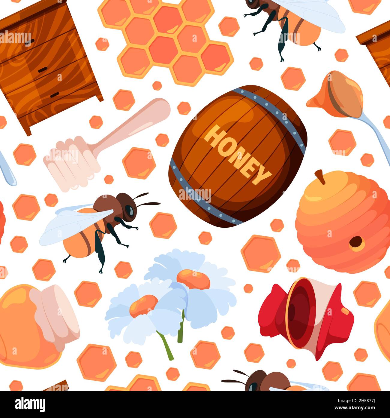 Honey pattern. Transparent beeswax apiary elements flowers nectar honeycomb garish vector seamless background Stock Vector