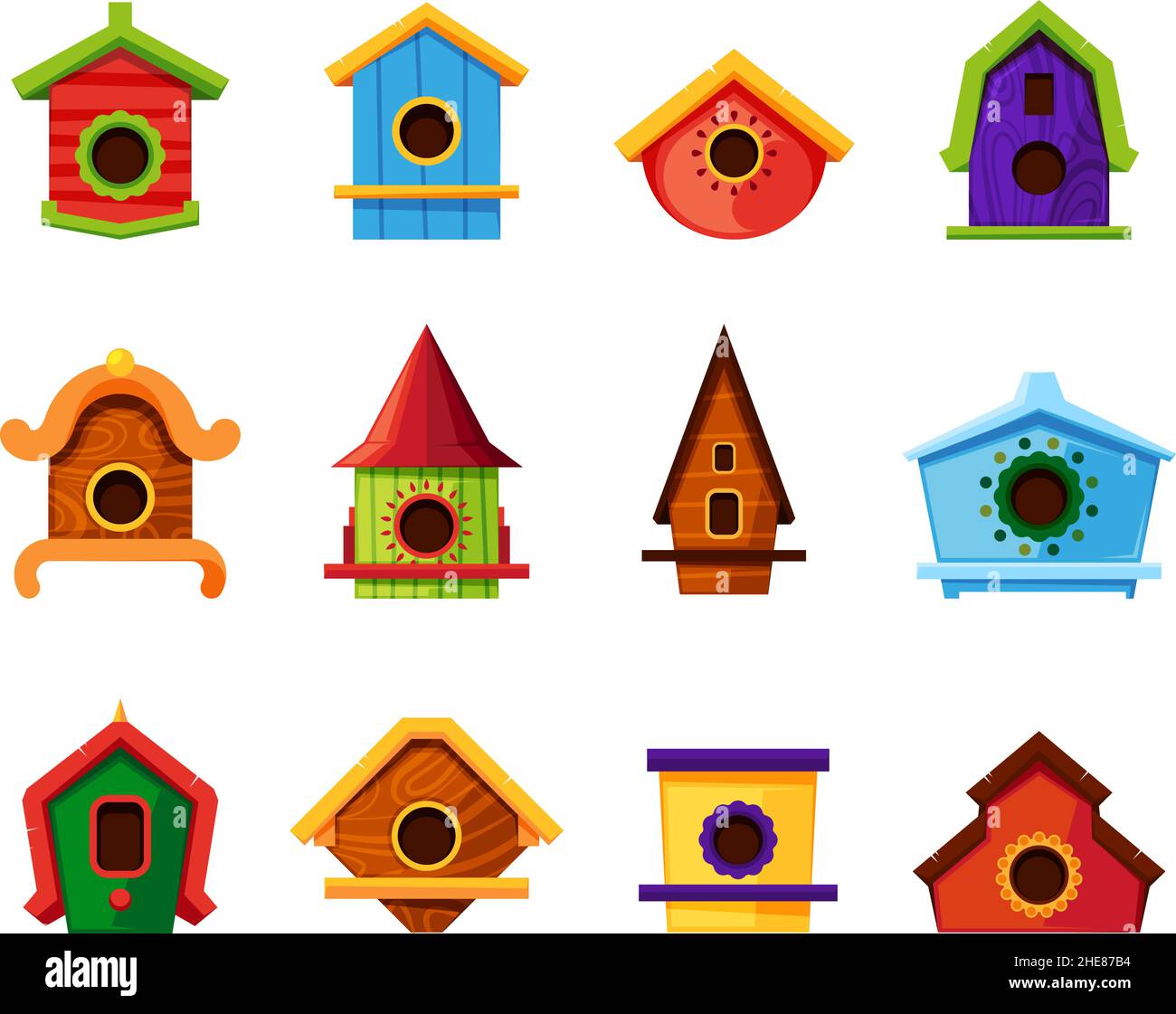 Colored bird houses. Wooden roofed living containers for flying birds trees houses garish vector flat pictures collection Stock Vector