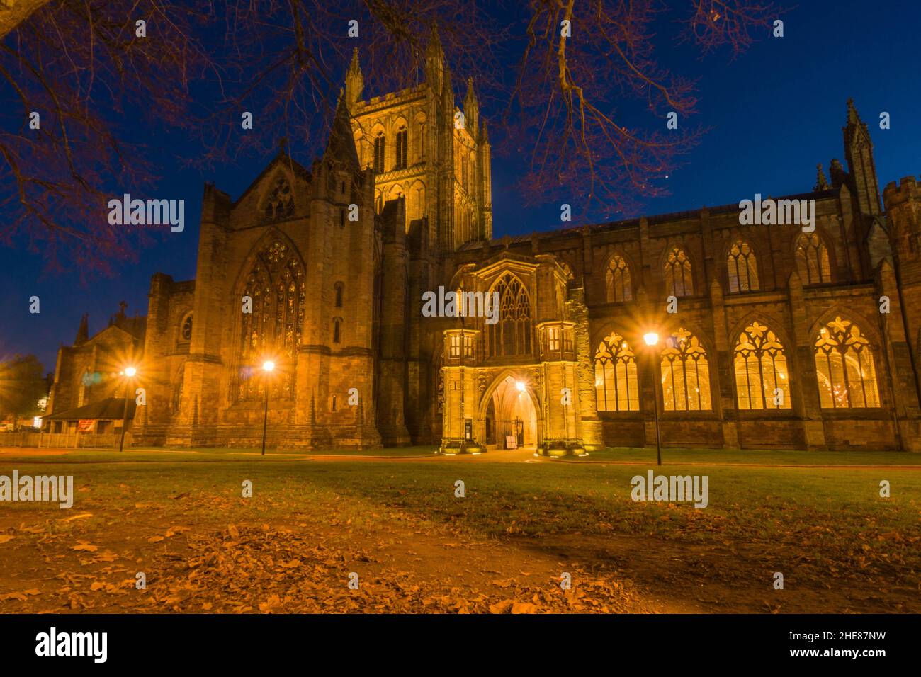 Hereford Cathedral illuminated under the evening sky. Hereford England UK. December 2021 Stock Photo