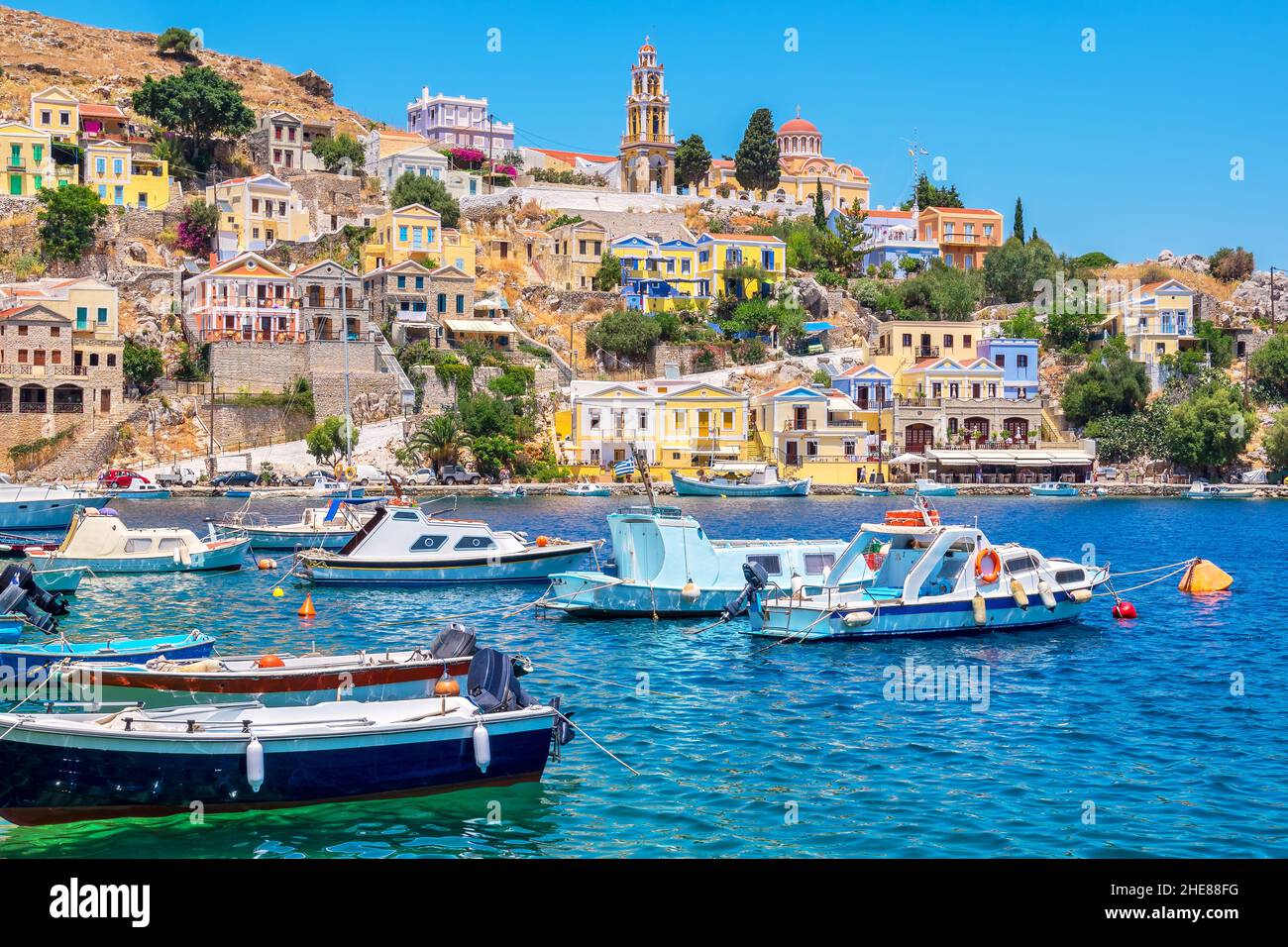 Scenic view to harbor of Symi Island. Greece, Europe Stock Photo