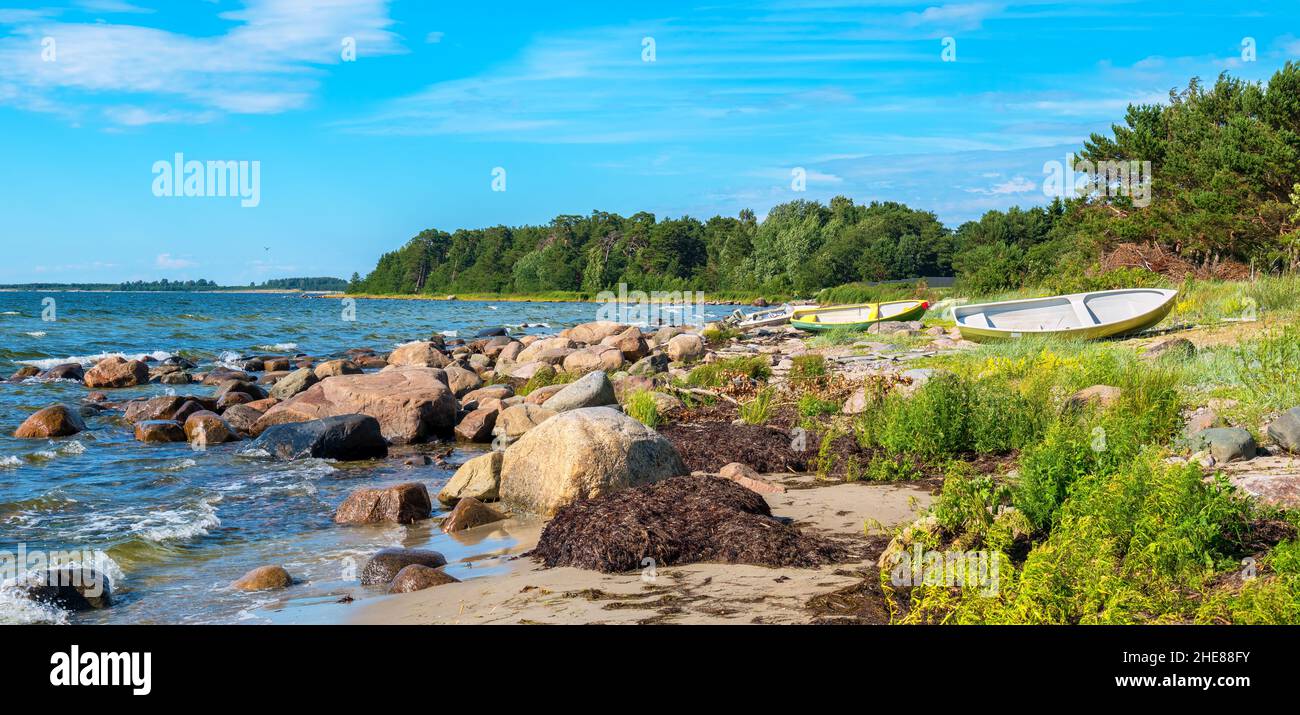 Panoramic view of Baltic Sea coast with fishing boats. Kaberneeme, Estonia, Europe Stock Photo