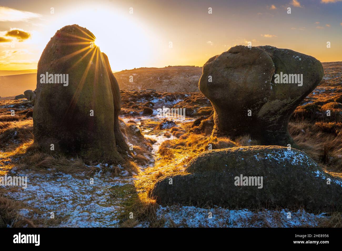 late afternoon winter sunset on Kinder Scout, Peak District National Park, UK Stock Photo