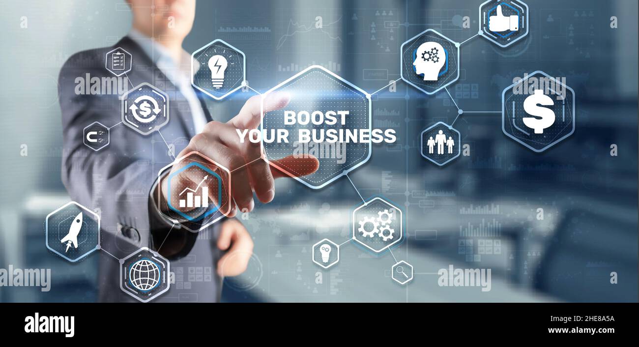 Boost your business on Virtual screen. Business Technology Internet and network concept. Stock Photo