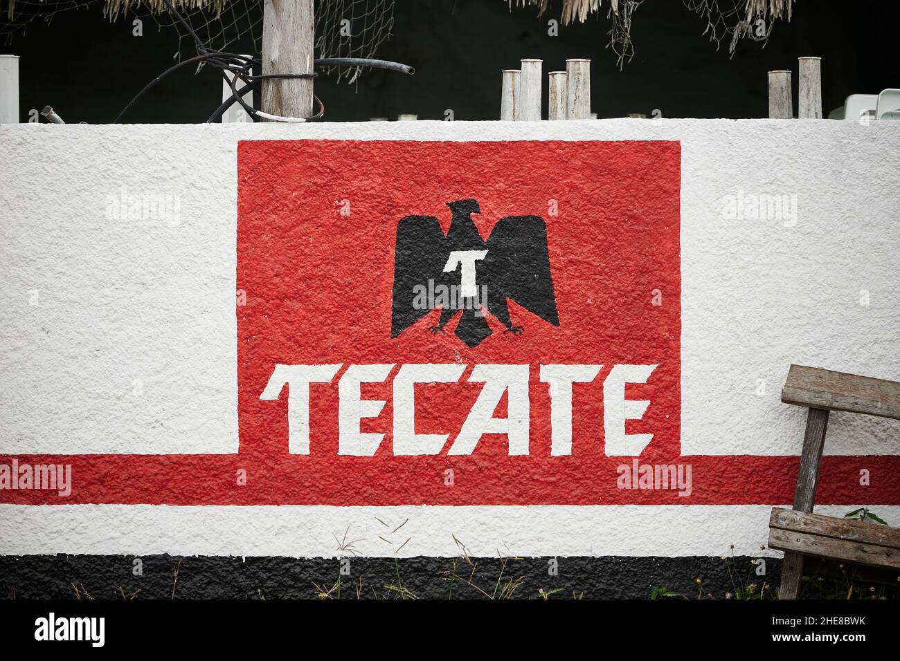 Tecate beer sign painted on a building in Chiquila, Mexico Stock Photo