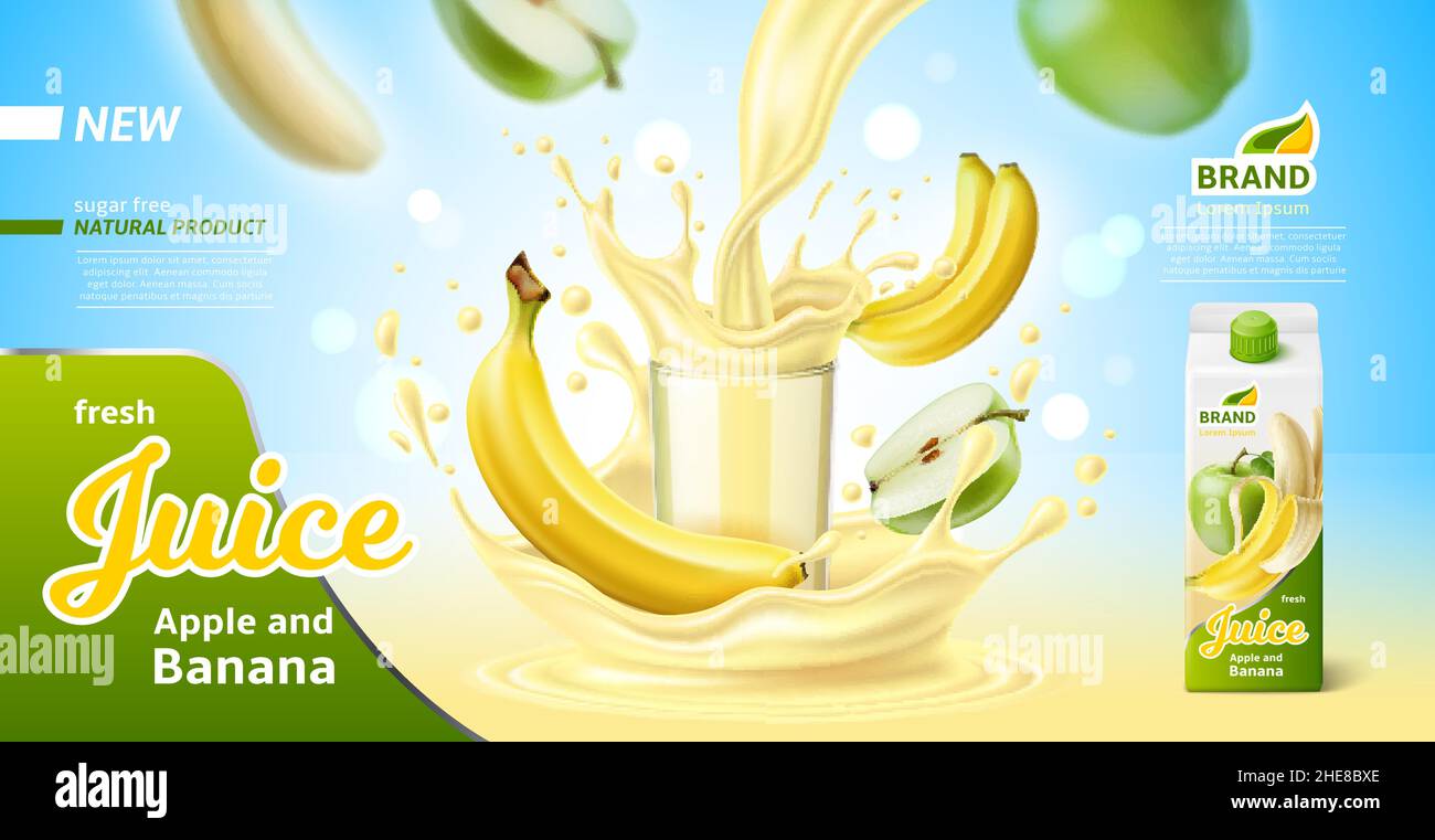 Fruit juice poster. Realistic mixed drink banner. Apple and banana with beverage splashes