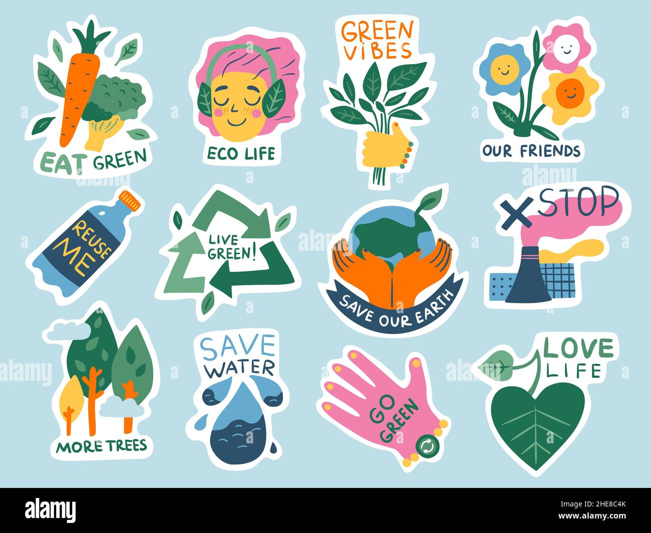 Ecology stickers. Green lifestyle. Eco and nature saving. Slogan and environment elements. Doodle style. Vegan eating. Stop pollution. Waste recycle Stock Vector