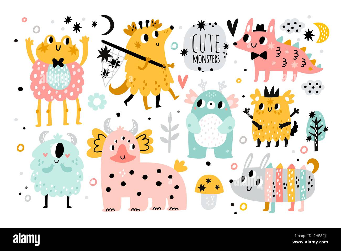 Cute little monsters. Funny cartoon characters. Fantastic kids ...