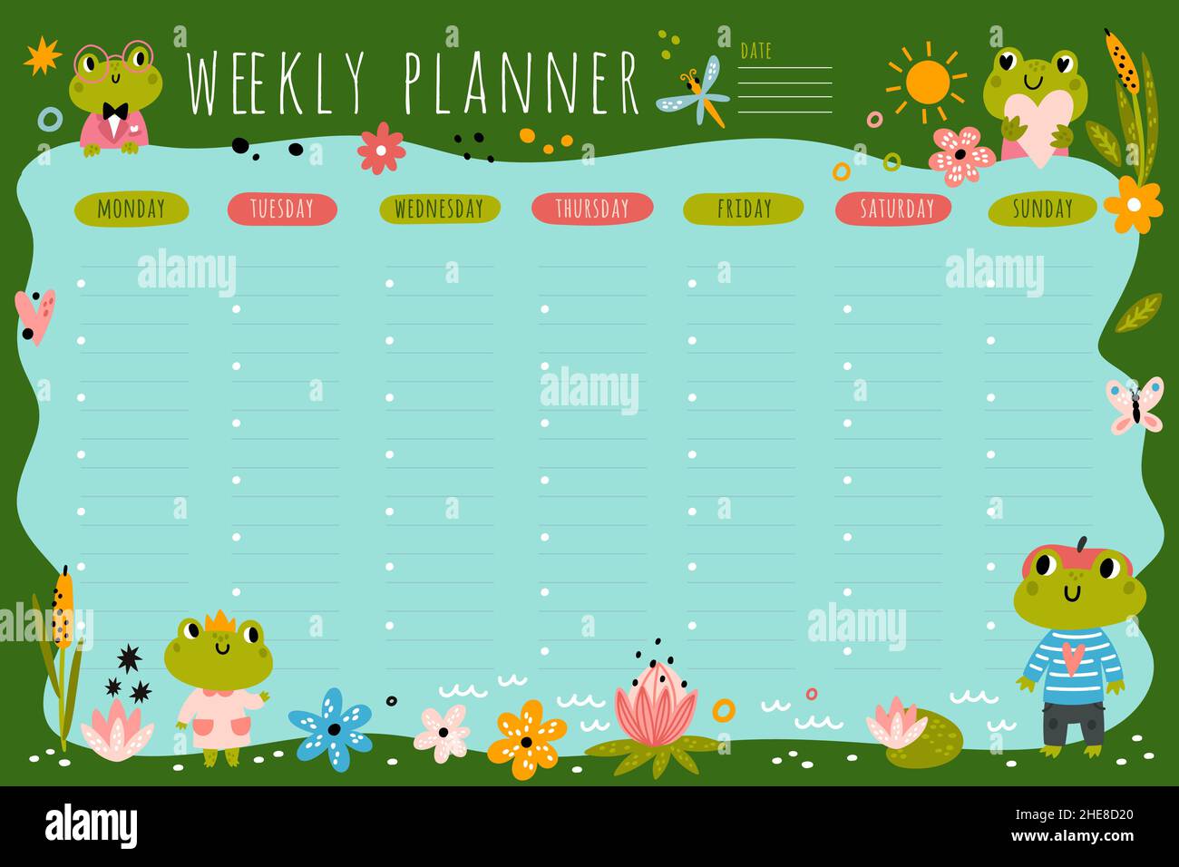Funny frogs theme weekly planner. Kids lesson schedule with green  amphibians in suits and glasses. Week timetable. Childish animals. Water  lily Stock Vector Image & Art - Alamy