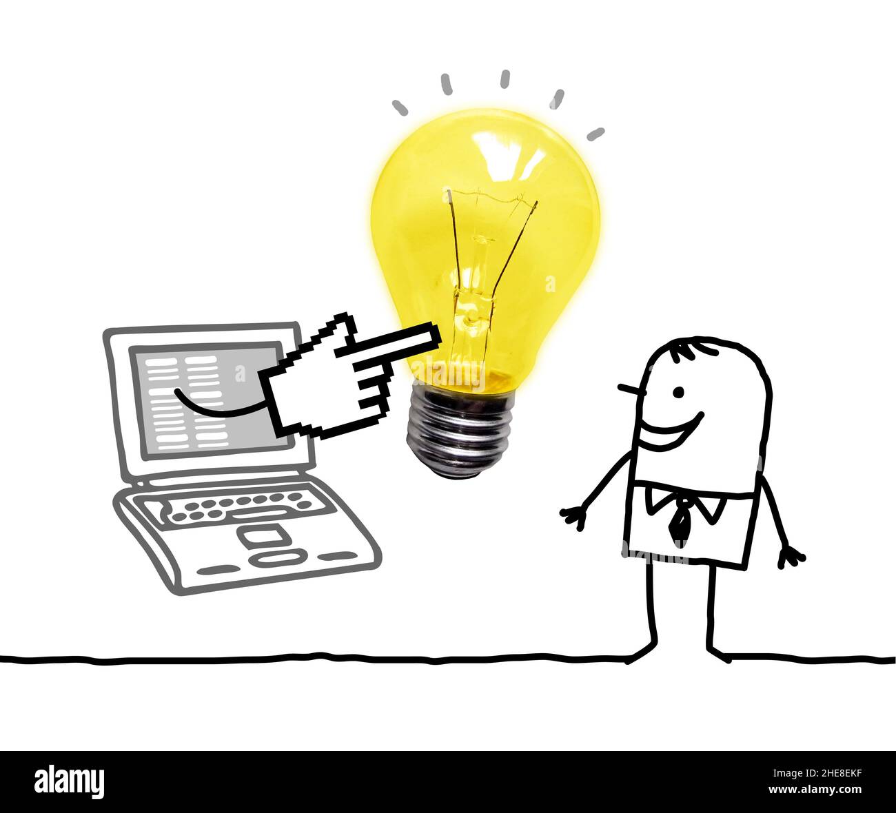 Computer Led Light Cartoon Hand drawn cartoon man with Laptop and big Light bulb Stock Photo - Alamy