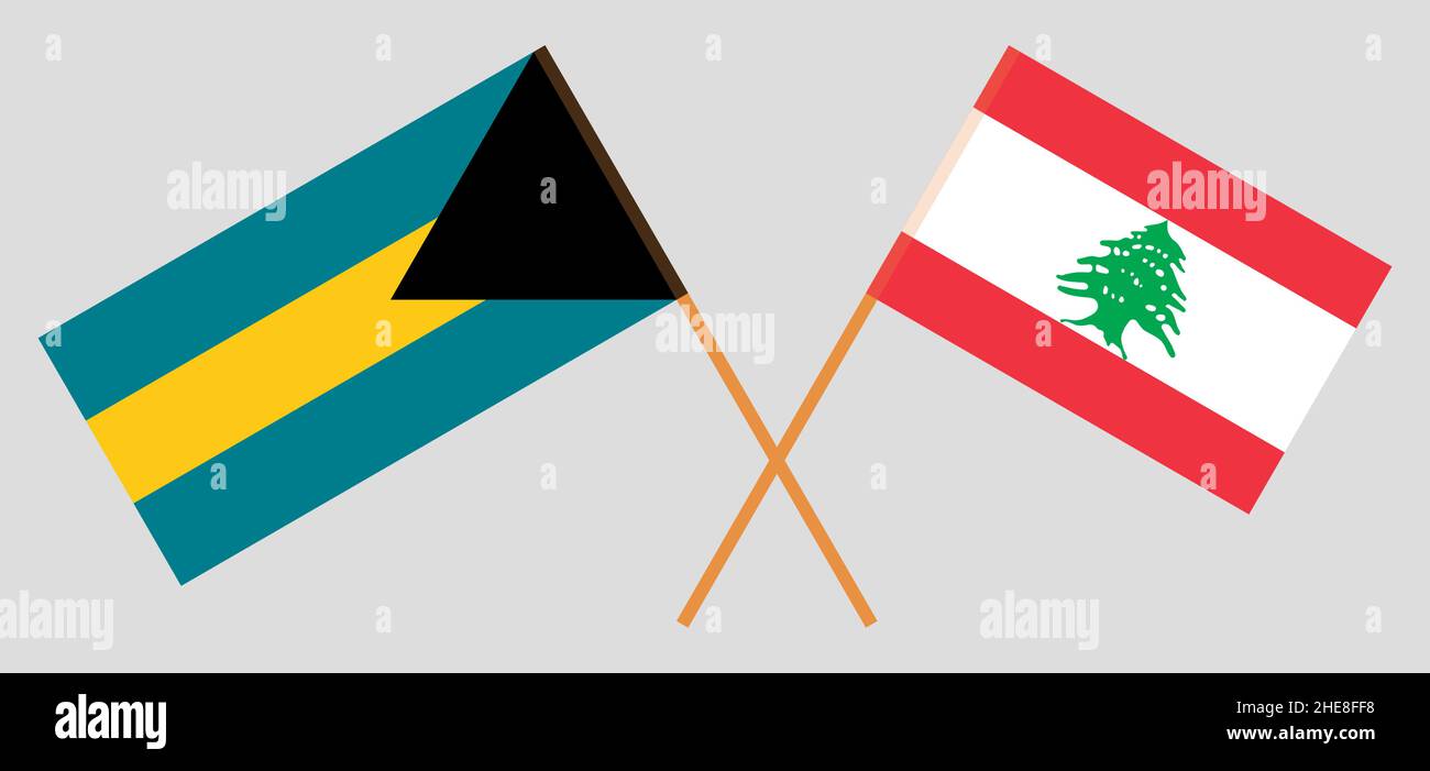 Crossed flags of Lebanon and Bahamas. Official colors. Correct proportion. Vector illustration Stock Vector