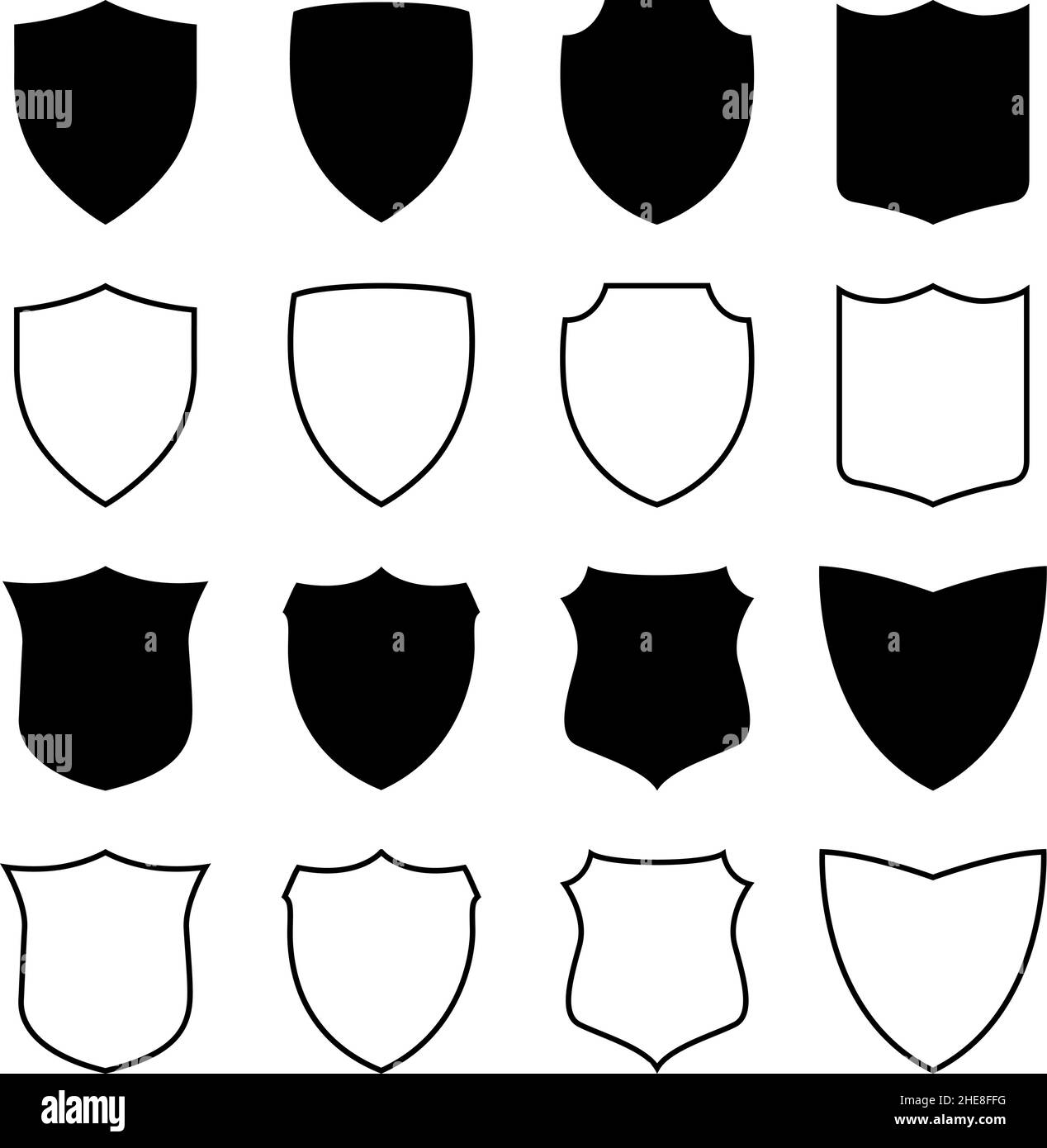 Set of silhouettes and outlines of shields, vector illustration Stock Vector