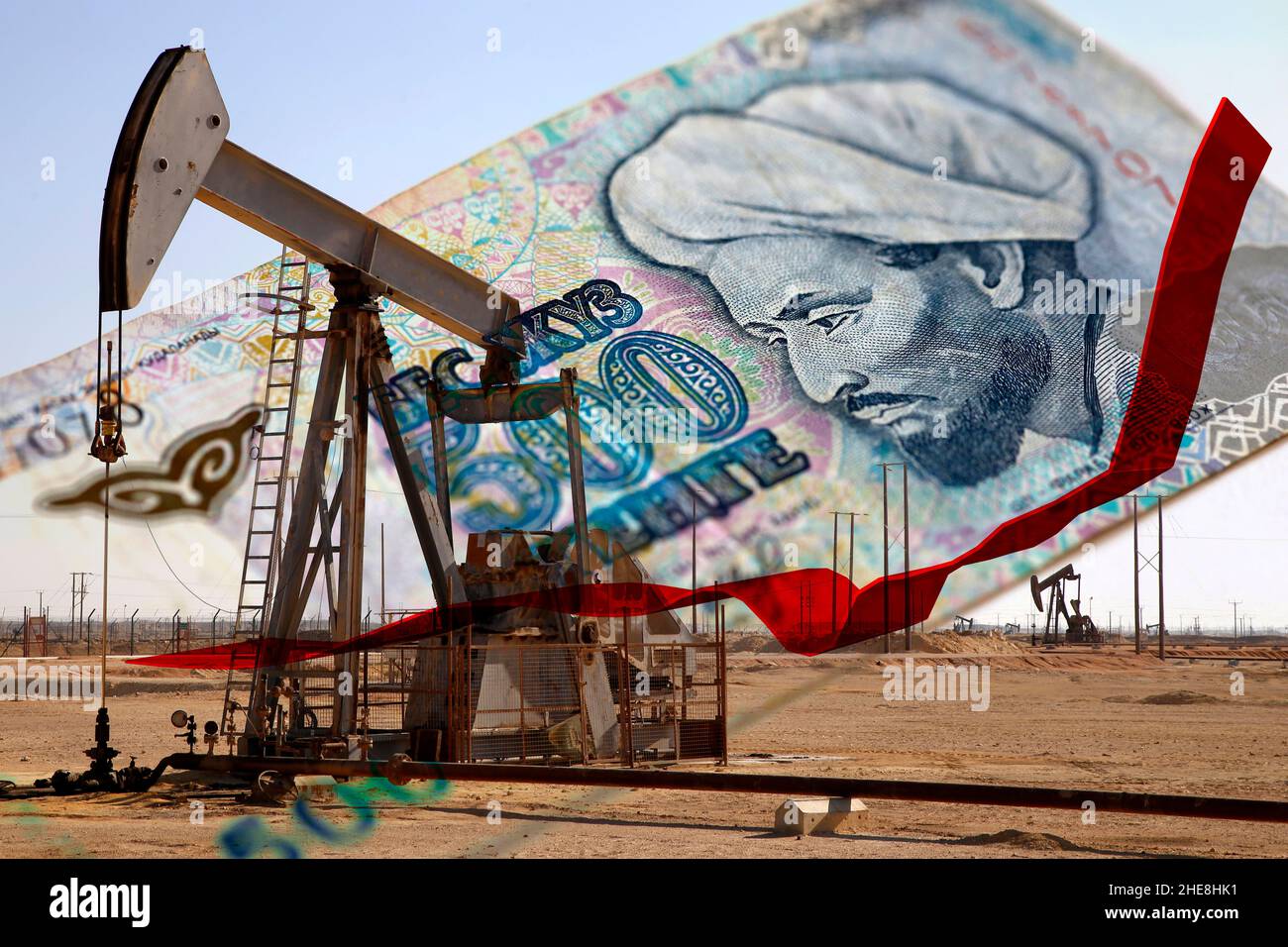 A Kazakhstani tenge banknote and an oil rig. A red trend-line ...