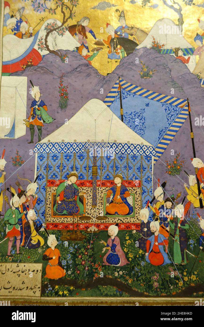 Salm and Tur receive the reply of Faridun and Manuchihr, folio from Shahnameh of Shah Tahmasp, attrib. 'Abd al-'Aziz, Iran, Tabriz, c. 1522-1535 AD, view 2 - Stock Photo