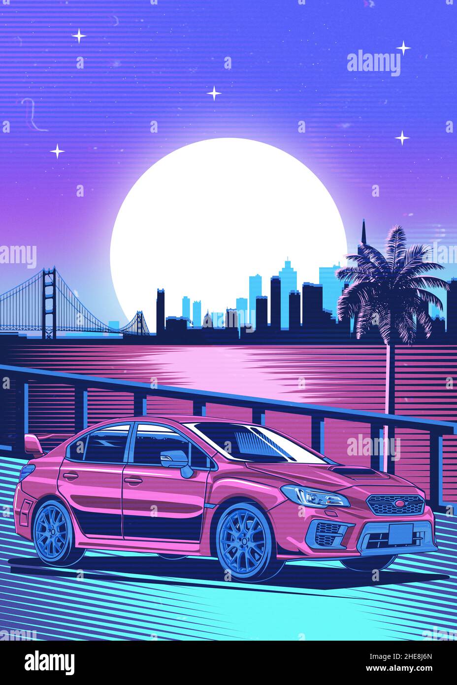 A retro red Car Synthwave Poster with vaporwave sunset, neon gradient background Stock Photo -
