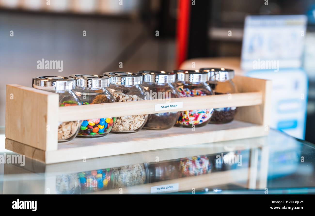 Selective focus shot of different types of colorful candies in the ...