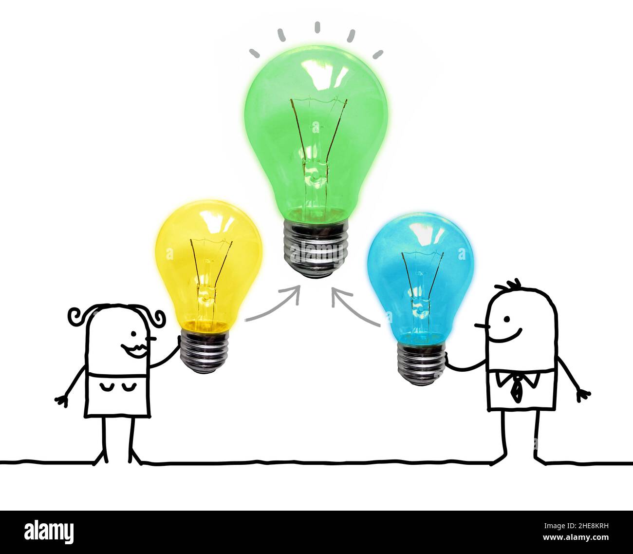 Hand drawn Cartoon Couple creating a new Idea with light bulbs Stock ...