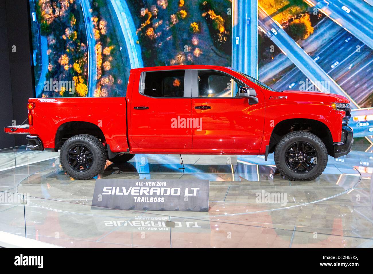 A red Chevrolet Silverado LT pick up truck on display at the 2018 North American International Auto Show in Detroit, Michigan, USA. Stock Photo